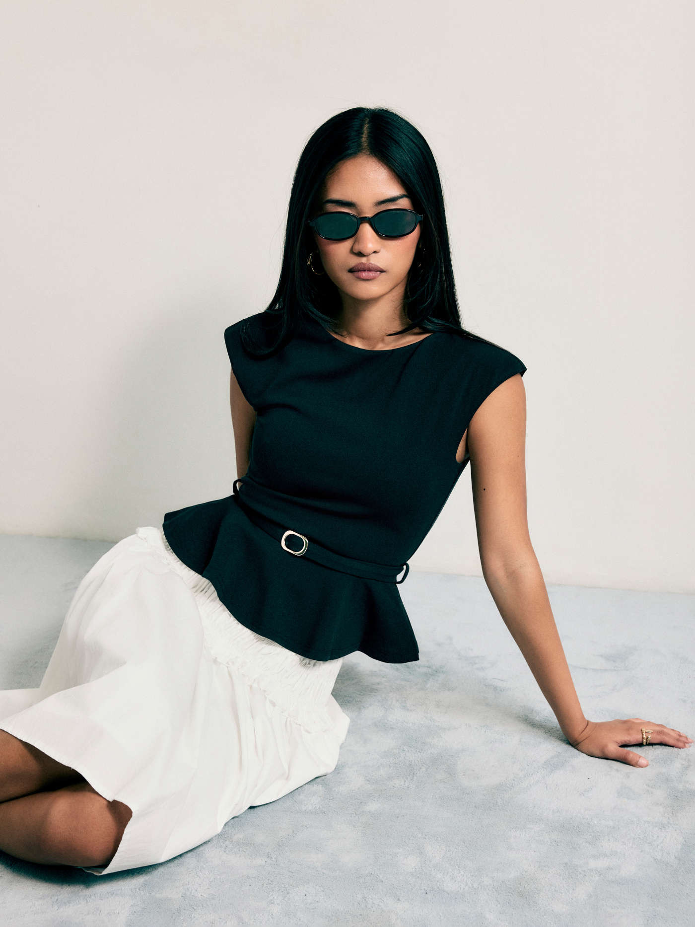 Knit Fabric Boat Neck Belted Ruffle Hem Metal Detail Peplum Top For Work | Cider