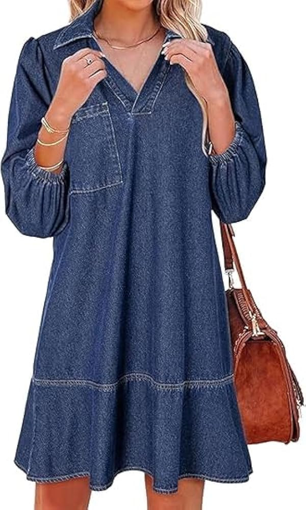 Denim Dress for Women V-Neck Puff 3/4 Sleeve Fashion Fall Casual Babydoll Jean Dress with Pockets | Amazon (US)