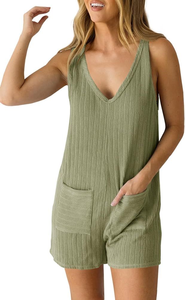 Cicy Bell Women's Summer Casual Rompers Sleeveless V Neck Ribbed Loose Short Jumpsuits with Pocke... | Amazon (US)