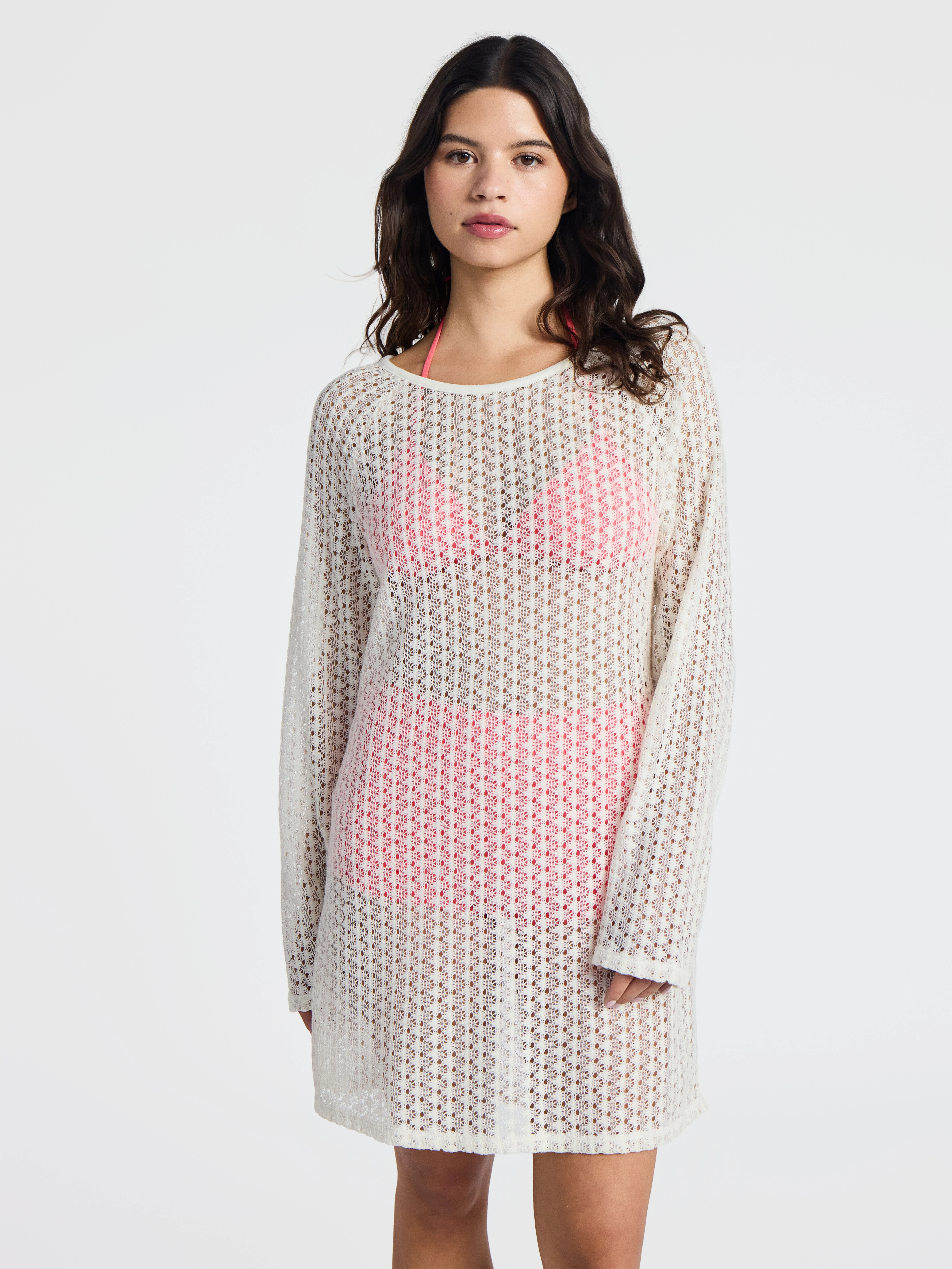 No Boundaries Crochet Raglan Dress Swim Coverup with Long Sleeves, Women's | Walmart (US)