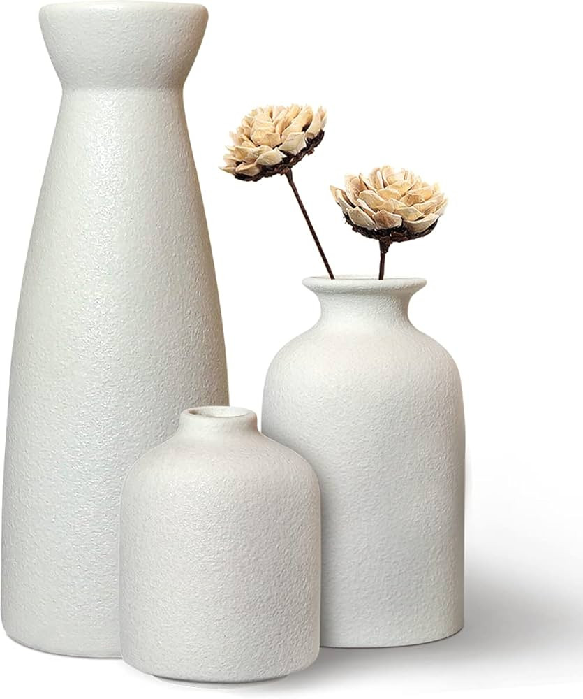 White Ceramic Vases Set 3 for Farmhouse Home Decor,Modern Boho Small Vase for Pampas Flower Decor... | Amazon (US)