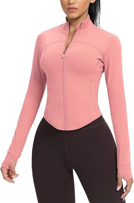 AVGO Women's Cropped Running Workout Jackets Zip Slim Fit Athletic Tops with Thumb Holes(Hazy Ros... | Amazon (US)