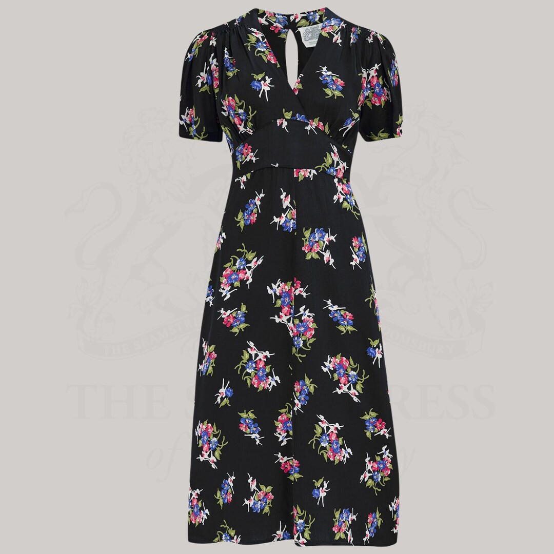 Dolores Kleid in Schwarz Floral | Vintage 1940s Style Damen Kleid | Die Näherin von Bloomsbury -... | Etsy (US)