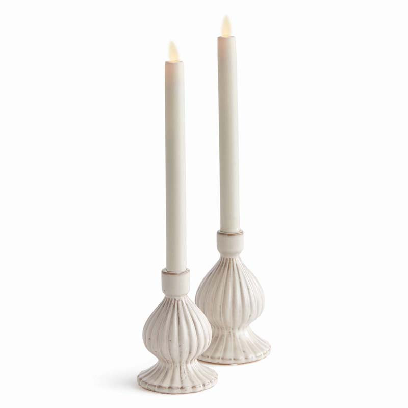 Textured Bulb Stoneware Taper Candlestick Holder, Set of 2 - White | The Company Store