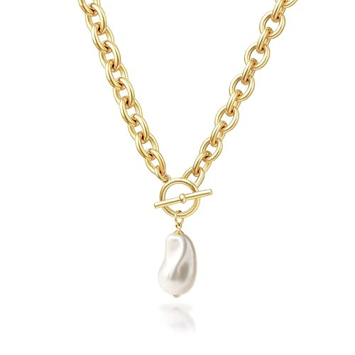 Zeffy Chunky Gold Pearl Necklace for Women Statement Large Baroque Pearl Pendant Necklace 14K Gold Chunky Thick Chain Link Vintage Toggle Clasp Jewelry Gifts | Amazon (US)