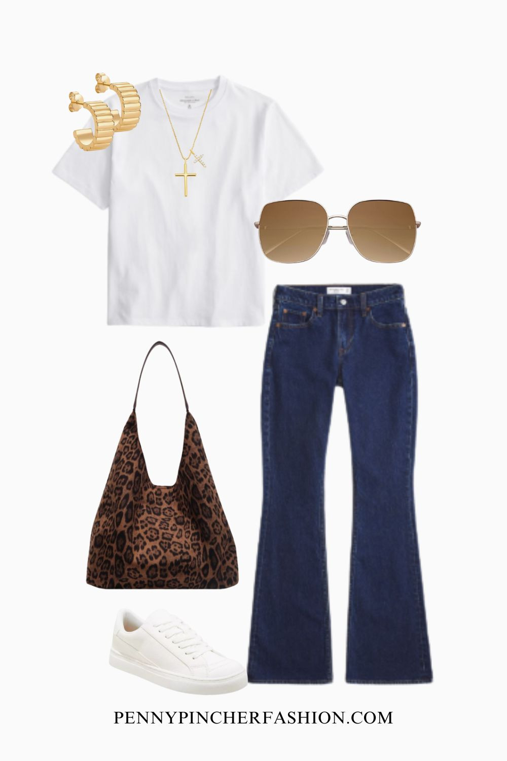 Basic outfit elevated with a leopard purse and cute accessories 