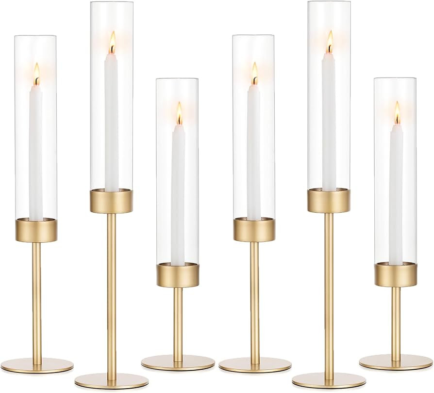 Glass Hurricane Candlestick Holders Gold - Romadedi Set of 6 Taper Candle Holder Bulk Tall Clear ... | Amazon (US)