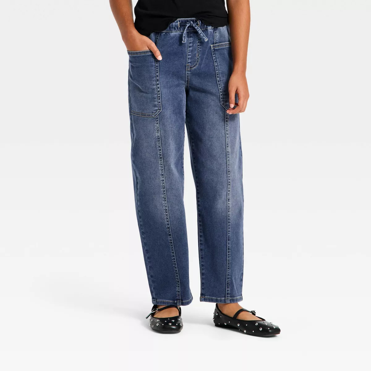 Girls' Mid-Rise Barrel Leg Jeans - art class™ Medium Blue Wash S | Target