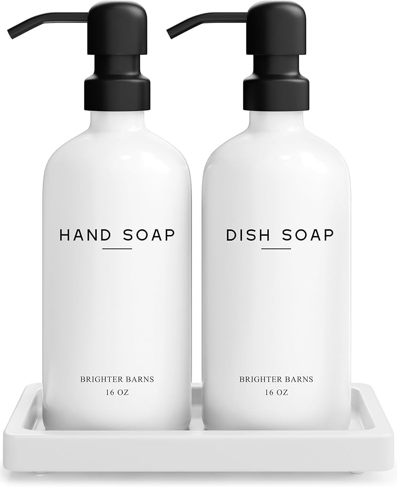 White Glass Hand and Dish Soap Dispenser Set by Brighter Barns - Kitchen Soap Dispenser Set with ... | Amazon (US)