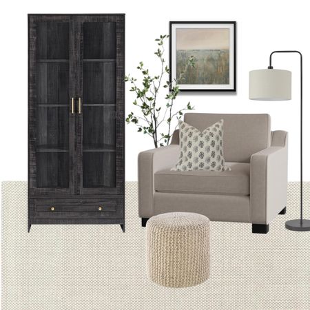 Reading nook. Cabinet, chair, lamp, art, faux tree, ottoman, rug
