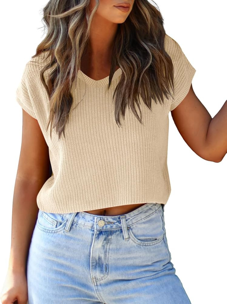 LCXWFE Womens Summer Cropped Sweater Vest Trendy Cap Sleeve Crop Tops Crew Neck Loose Knit Tank T... | Amazon (US)