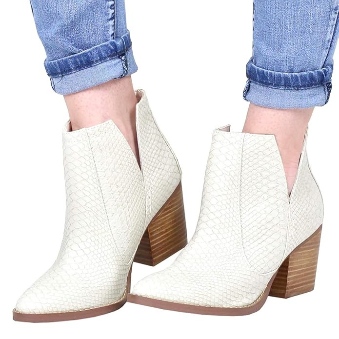 Kathemoi Womens Ankle Boots Slip on Cutout Pointed Toe Snakeskin Chunky Stacked Mid Heel Booties | Amazon (US)