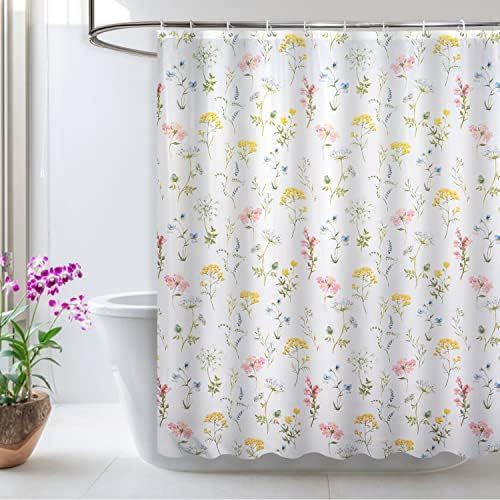 LYNXTEX White Floral Shower Curtain Set for Bathroom with Hooks - Watercolor Colorful Spring Polyest | Amazon (US)