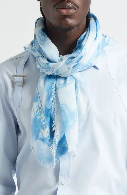 McQueen Classic Skull Bleached Foulard Scarf in Ivory/Blue at Nordstrom | Nordstrom