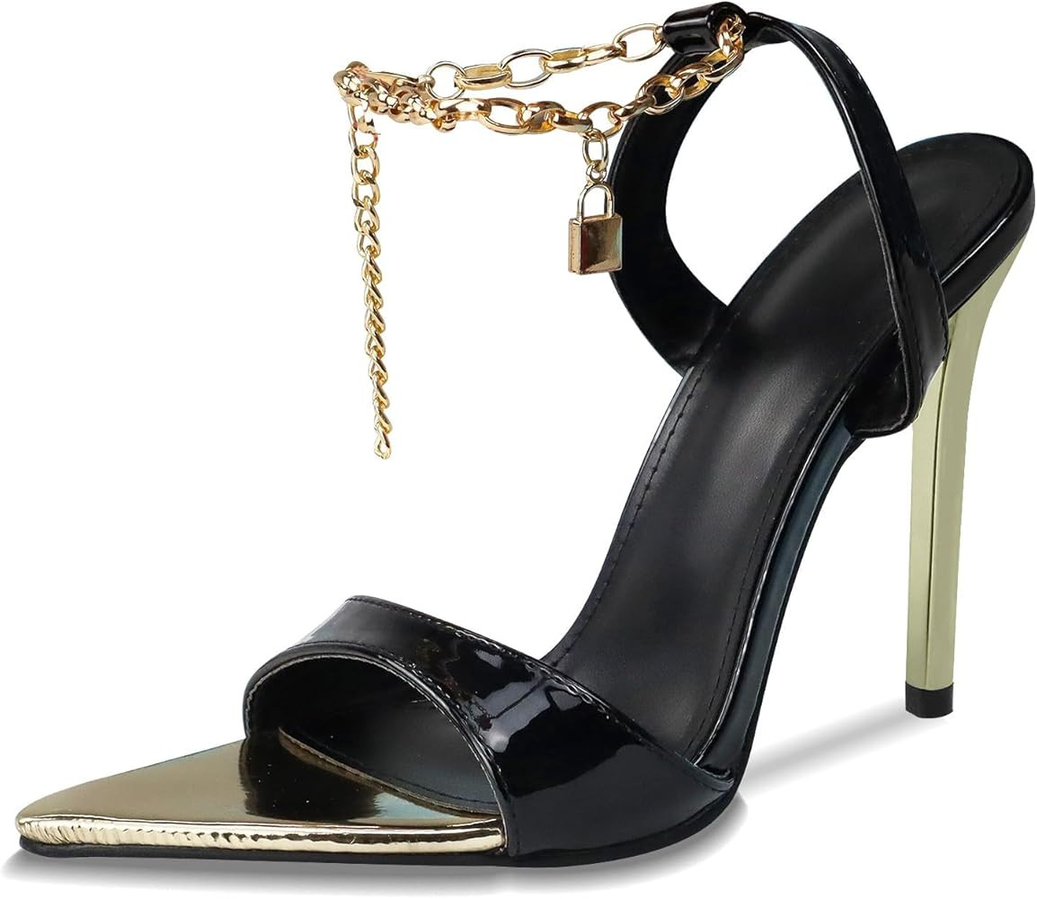 GATUXUS Women's Stilettos High Heels Sandals Metal Chain Ankle Strap Classic Pointed Toe Dress Sa... | Amazon (US)