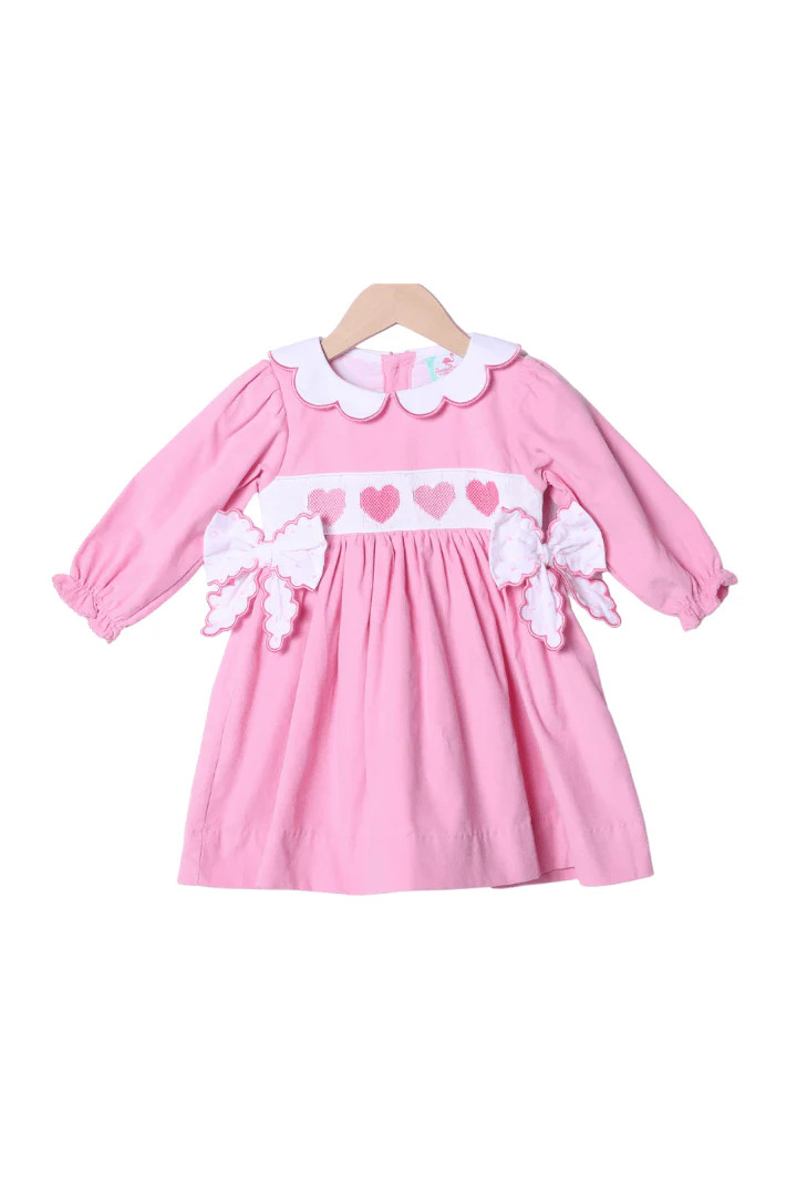 Smocked Heart Pink Corduroy Bow Dress | The Smocked Flamingo