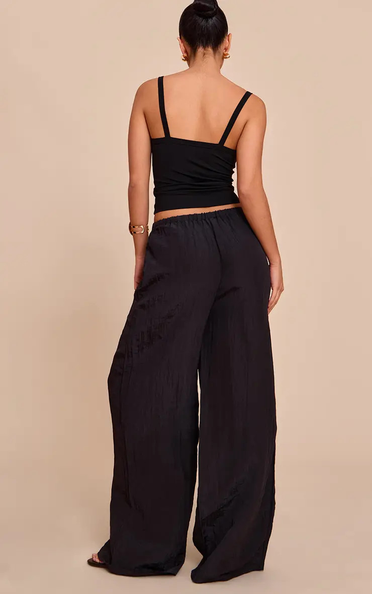 Black Crinkle Satin Drawstring Low Rise Trousers | PrettyLittleThing USA | PrettyLittleThing US