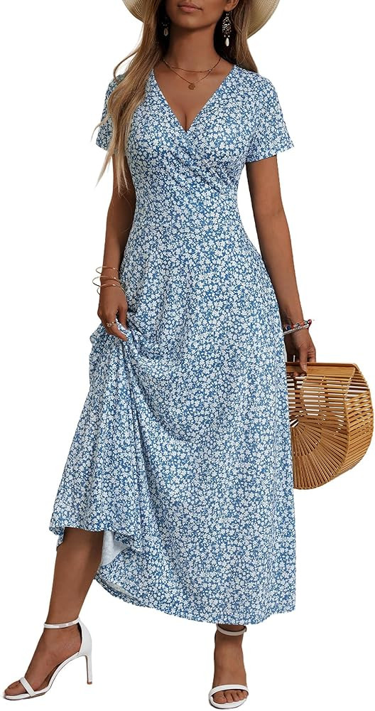 HUHOT Women's Short Sleeve Wrap V Neck Dresses for Wedding Guest Summer Floral Maxi Sundresses wi... | Amazon (US)