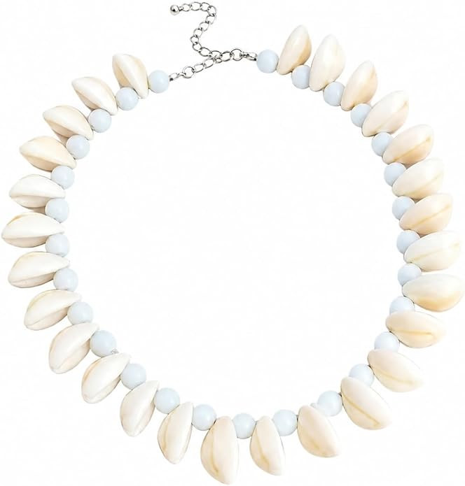 Boho Shell Beaded Necklace for Women, Chunky Natural Teardrop Seashell Light Blue Acrylic Bead Ch... | Amazon (US)