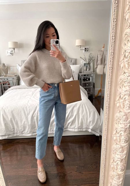 casual fall outfit // jeans + mules + crewneck sweater 
•Everlane alpaca sweater xxs (also linked a similar option from Quince) 
•Topshop jeans 25 regular 
•Gucci mules 35.5 (mine are the color “mud” also linked similar Sam Edelman mules) 
•The Daily Edited bucket bag 

#petite

#LTKstyletip #LTKshoecrush #LTKSeasonal