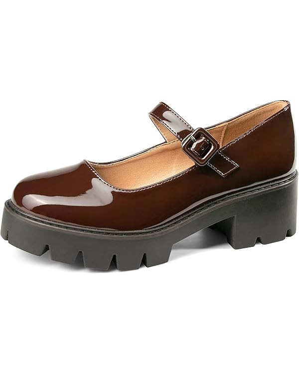Women's Round Toe Ankle Strap Mary Janes Platform Low Heel Chunky Pumps Oxford Dress Shoes | Amazon (US)