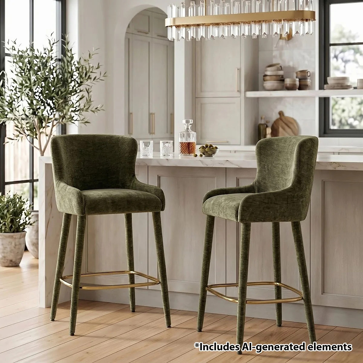 26.5" Modern Luxury Chenille Counter Stools with Gold Footrests (Set of 2) | Wayfair North America