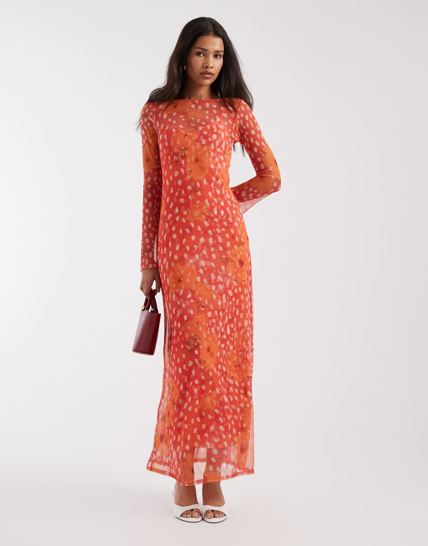 Never Fully Dressed Aria long sleeved mesh maxi dress in coral spot poppy print-Orange | ASOS (Global)