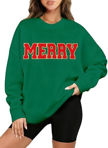 Merry Christmas Sweatshirts Women Fleece Oversized Pullover Merry Letter Chenille Patch Xmas Swea... | Amazon (US)