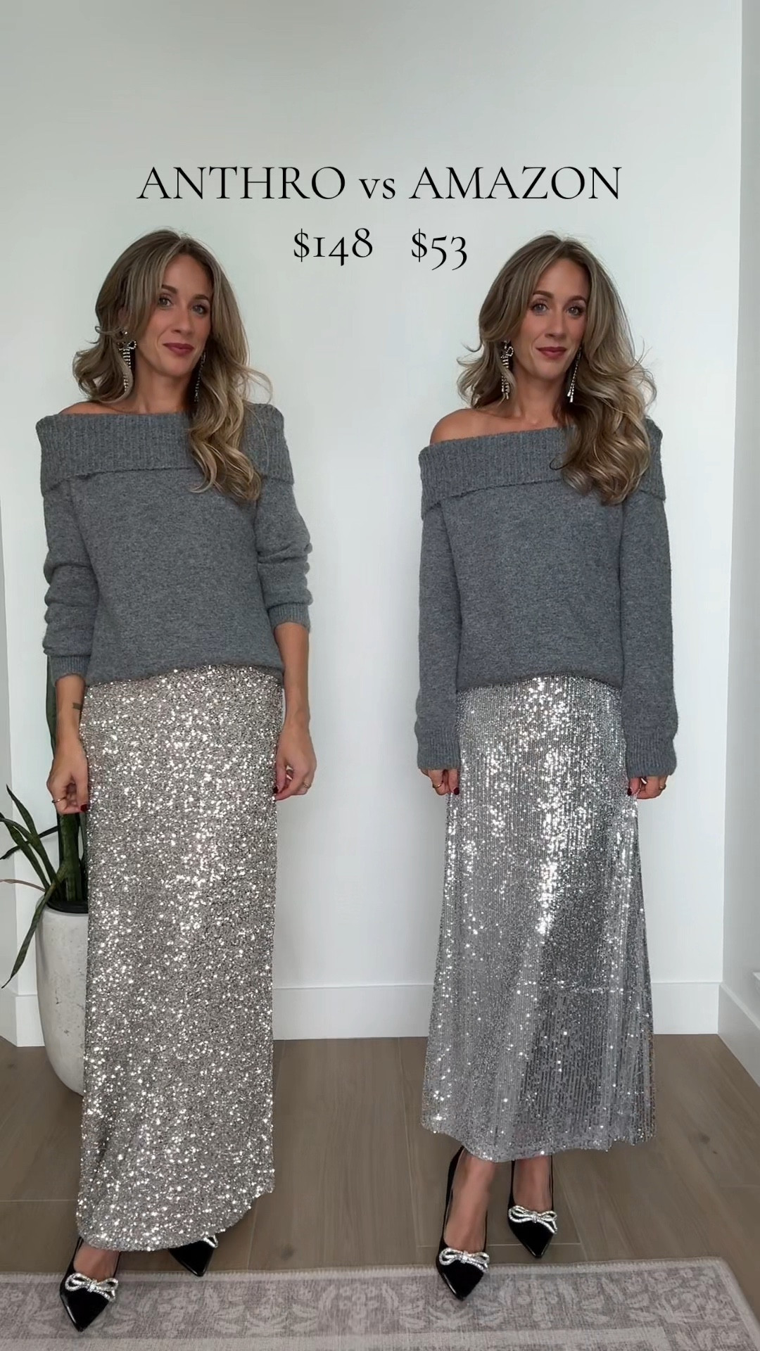 Anthro vs Amazon. I love this sequin skirt from Anthropologie and found an amazon one that is similar. The length on the Anthro one is really long which is amazing if you are tall! I am 5’9” and the length alone makes the Anthro one worth it for me because even with heels it still almost touches the ground. If you are shorter though it would be way too long. The amazon length will be perfect for anyone 5’7” and shorter. The sweater also looks similar to an Anthro one that I have shared in other videos.

#LTKWatchNow #LTKParties #LTKSaleAlert