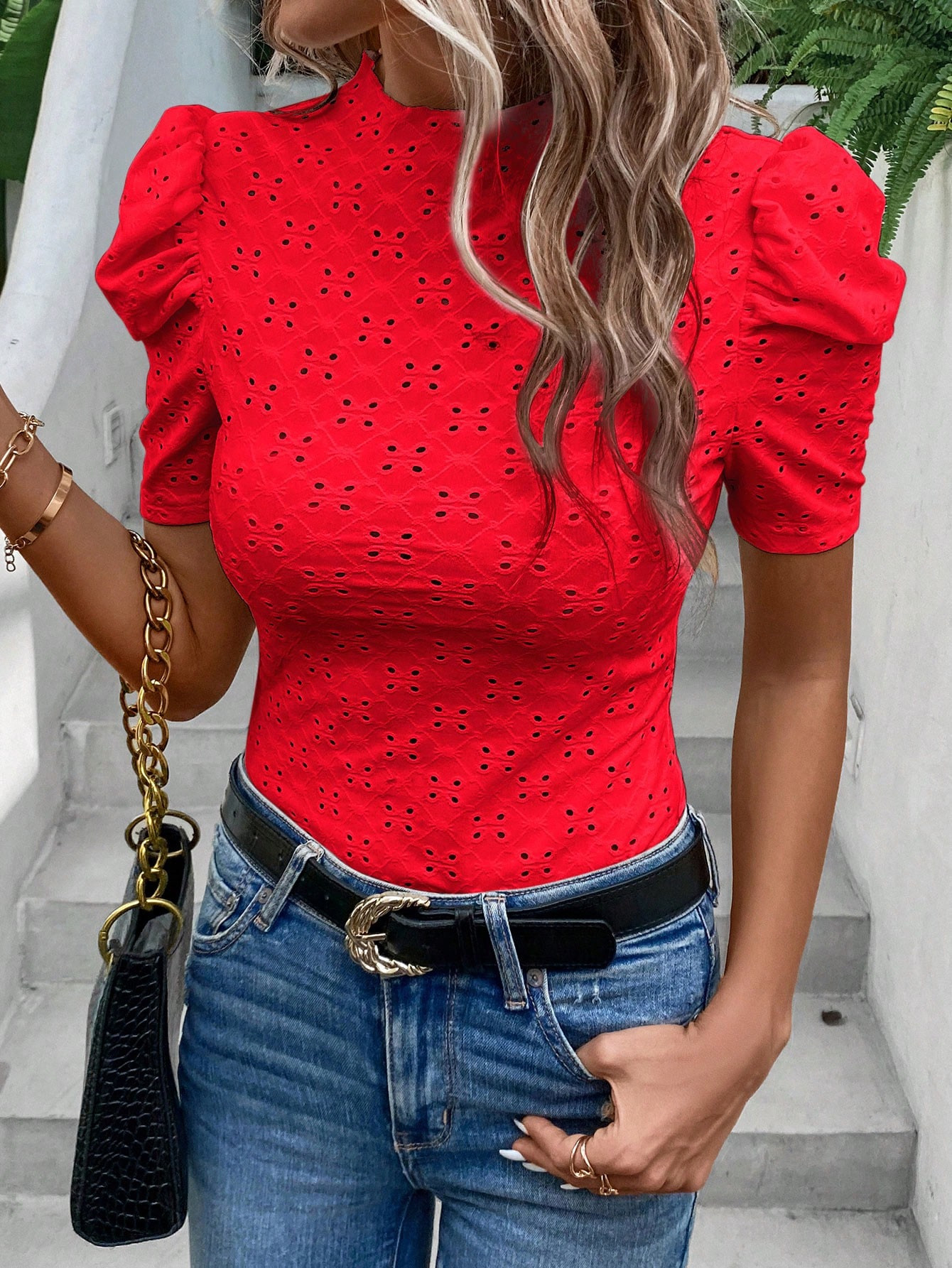 SHEIN Privé Eyelet Embroidery Puff Sleeve Mock Neck Tee | SHEIN USA | SHEIN