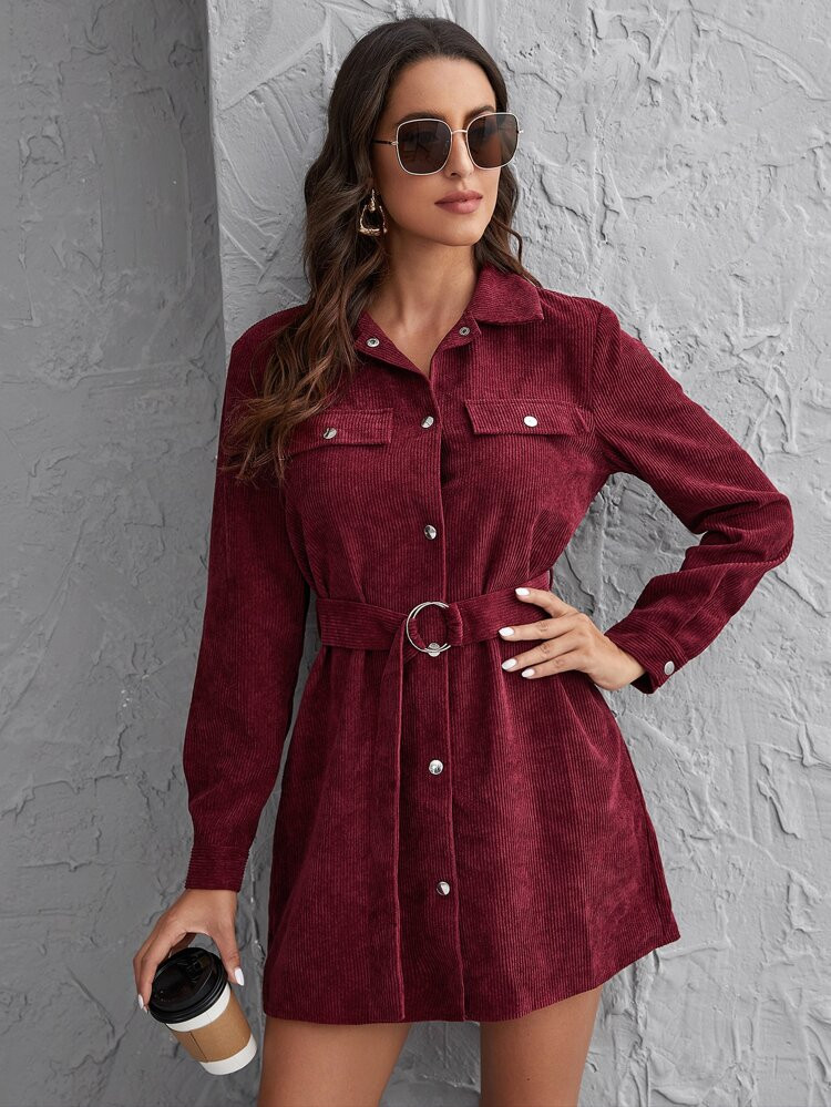 Abito camicia in velluto a coste con bottone e cinture | SHEIN