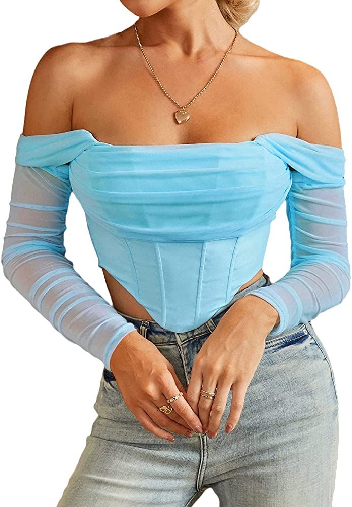 Mesh Sheer Long Sleeve Corset Crop top Ruched off Shoulder Blouse Push Up Party Boned Bustier for Cu | Amazon (US)
