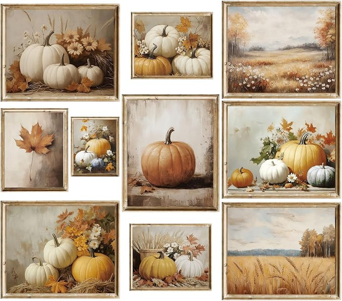 Whaline 10 Pcs Fall Thanksgiving Pumpkin Wall Art Prints Vintage Pumpkin Leaves Flower Paper Post... | Amazon (US)