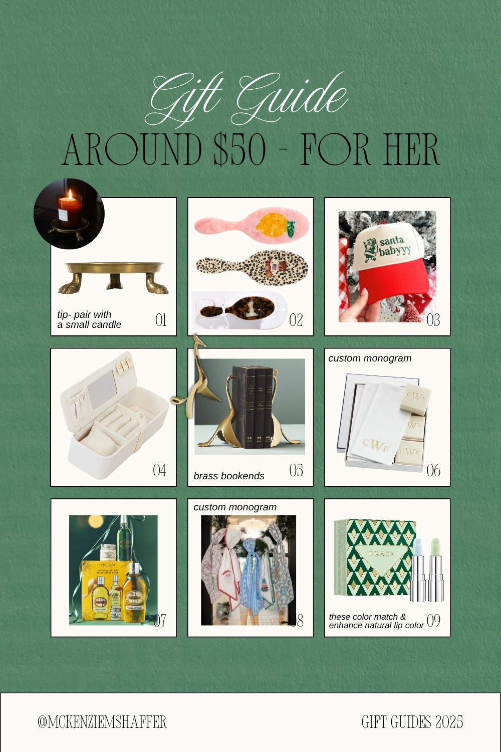 holiday gift guide ❤️ around $50 for her

- Alice Lane brass clawfoot tray, I would pair with a small candle
- Solar Eclipse hairbrush
- Kenz Kustomz santa baby festive trucker hat
- luxury travel jewelry case
- Anthropologie crane bookends
- custom monogram Williams Sonoma hand soap bar and towels
- Loccitaine almond shower trio, seriously smells divine
- Kenz Kustomz monogram wreath sash
- Prada mini hydrating lip balm set, the colors match and enhance your natural lip color 

Christmas gift guides | holiday gift ideas | gifts she’ll love | gifts under $100 | holiday finds 

#LTKHoliday #LTKGiftGuide #LTKFindsUnder50