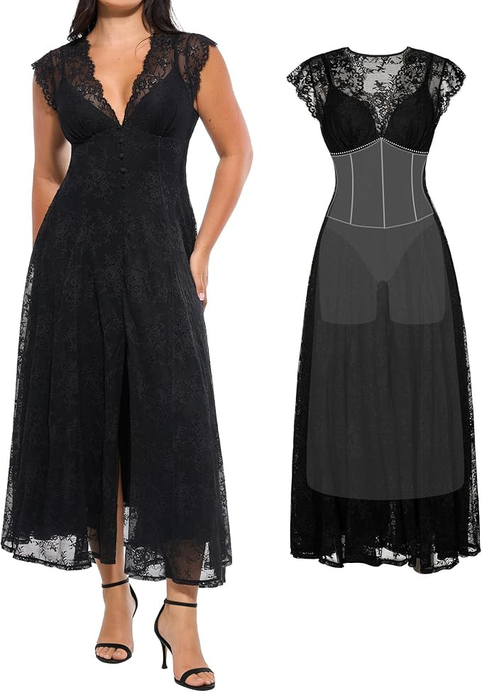 Popilush Women's Lace Formal Cocktail Sleeveless V Neck Maxi Shapewear Dress Wedding Guest Mother... | Amazon (US)