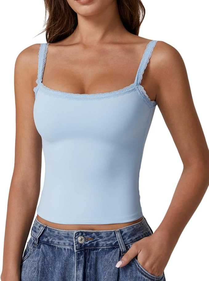 QINSEN Womens Square Neck Lace Trim Tank Top Double Lined Slim Fitted Y2k Going Out Camisole Shir... | Amazon (US)