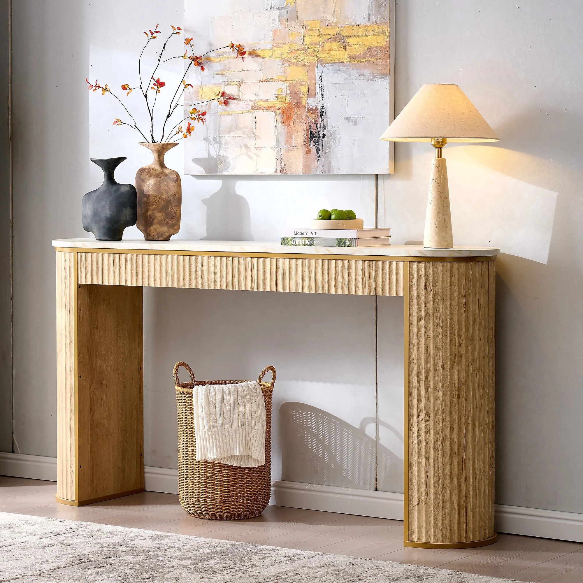 KeyWhat 63" Fluted Console Table, Modern Tall Entryway Table with Faux Marble Tabletop and Gold Trim Design for Entrance/Hallway/Living Room, Natural Oak - Walmart.com | Walmart (US)