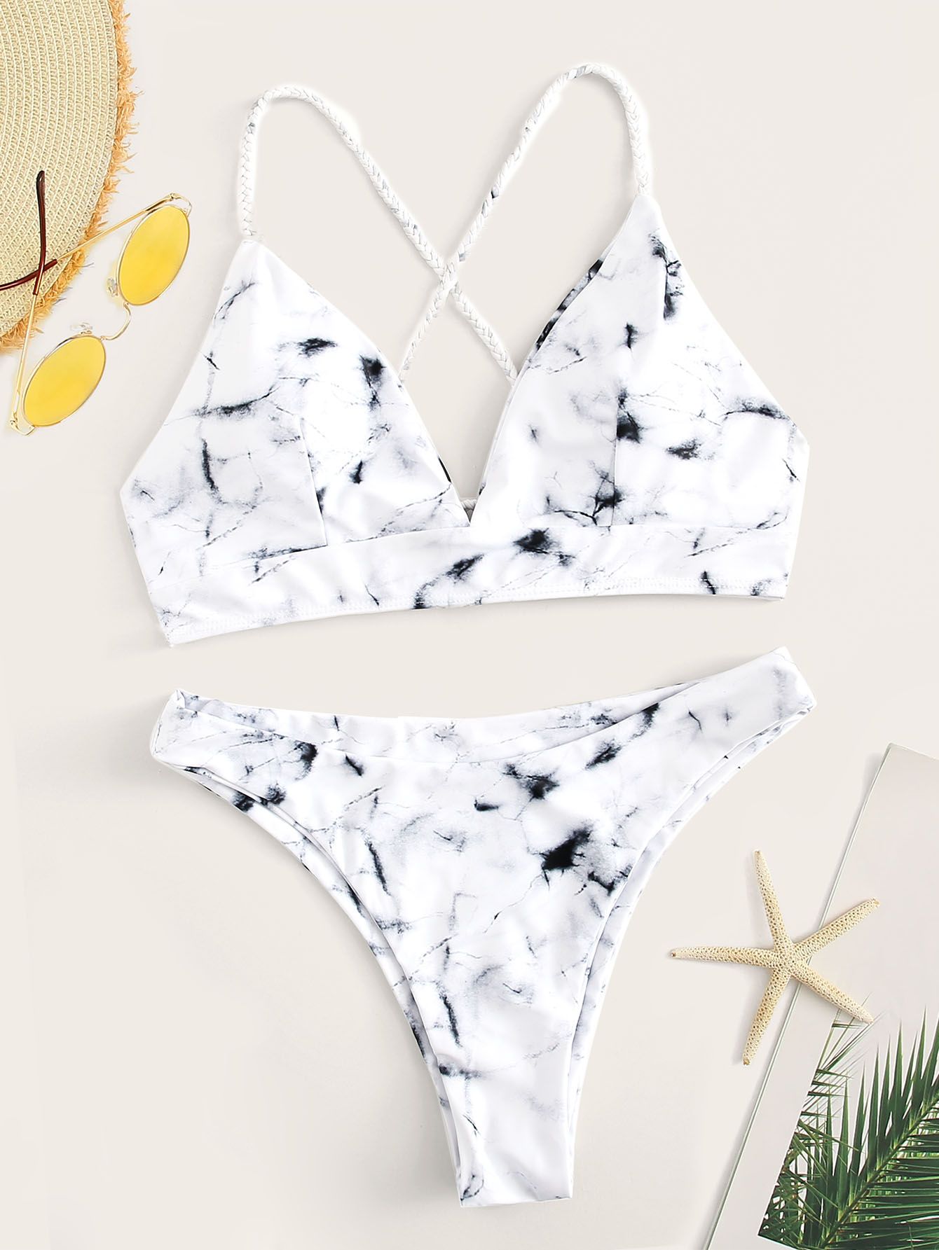 Marble Pattern Criss-cross High Cut Bikini Swimsuit | SHEIN