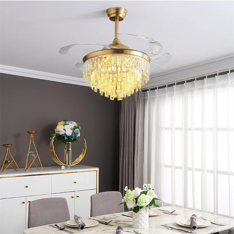 42" 4 - Blade Gold Retractable Blade Chandelier Ceiling Fan With Remote Control And Light Kit Inc... | Wayfair Professional