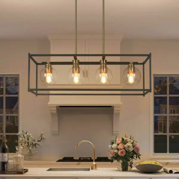 Iain Modern 4-Light Black Gold Chandelier Metal With Seeded Glass Shades Rectangle Kitchen Island... | Bed Bath & Beyond