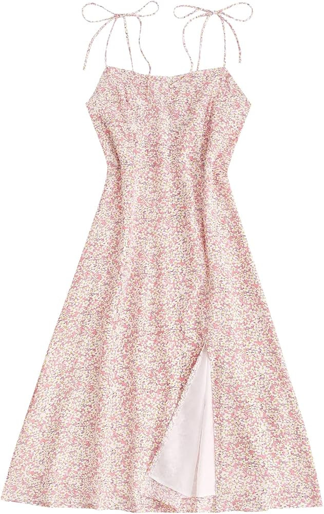 Women's Spaghetti Sleeveless Tie Shoulder Floral Print Strappy Sundress Casual Midi Dress | Amazon (US)