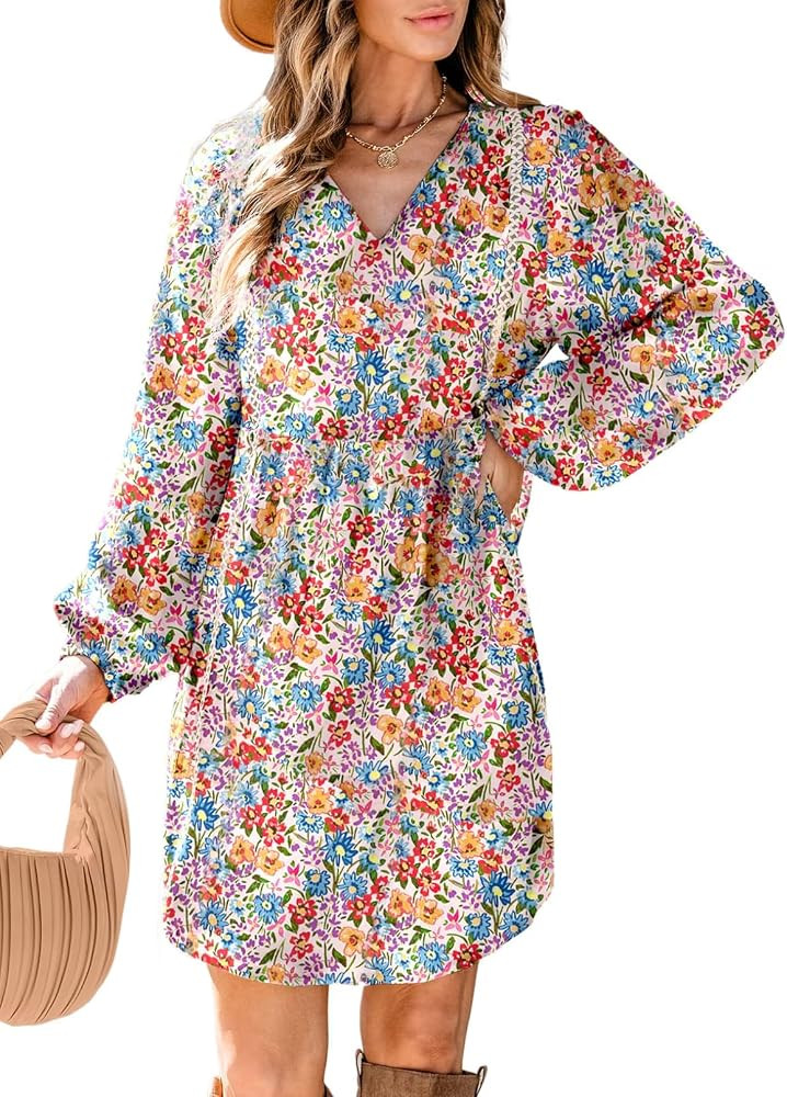 Dokotoo Women's V Neck Floral Embroidered Lace Trim Mini Dress Long Peasant Sleeves Flowy Dress F... | Amazon (US)