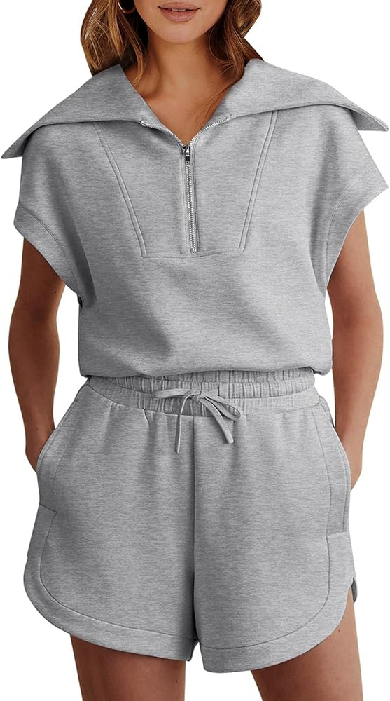 ANRABESS Women 2 Piece Outfits Sweatsuit Half Zip Lapel Collar Short Sleeve Tops Sweat Shorts Lou... | Amazon (US)