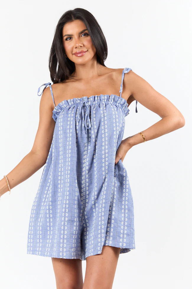 Following Along Blue Chambray Print Romper SALE | Pink Lily