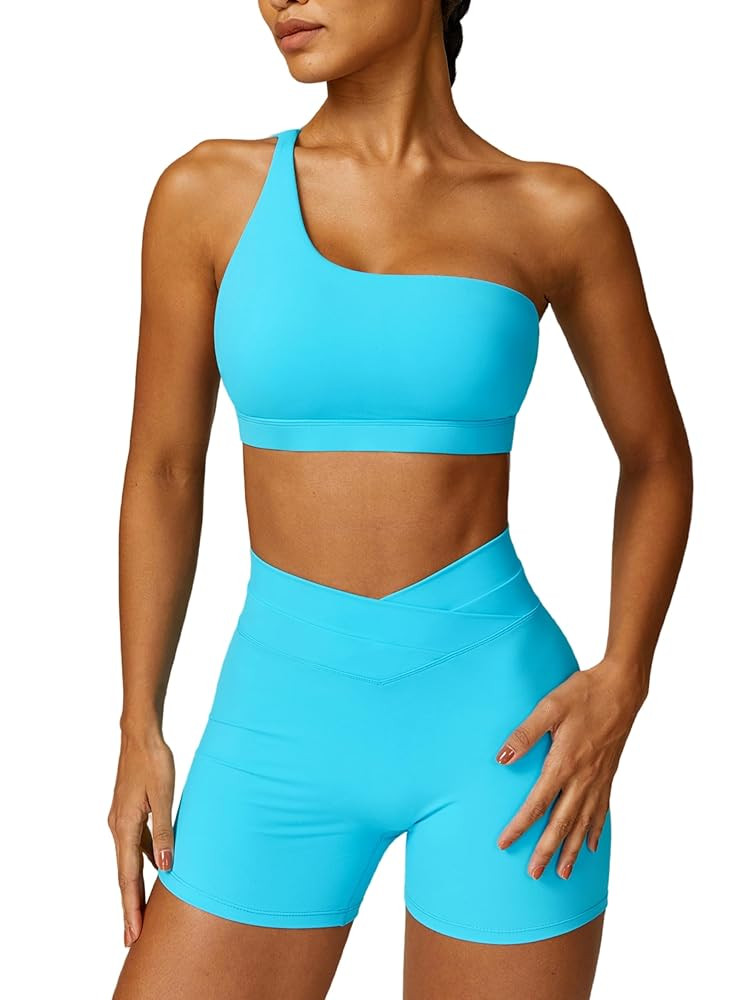 ABOCIW Workout Sets for Women Crossover High Waist Biker Shorts One Shoulder Sports Bra 2 Piece G... | Amazon (US)
