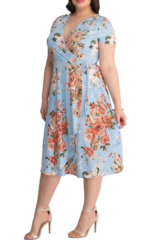 Kiyonna Wrap Midi Dress in Sky Blue Florals at Nordstrom, Size 5X | Nordstrom