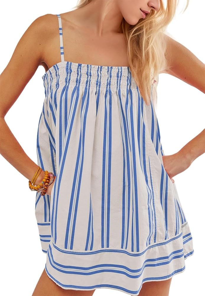 Women Summer Sleeveless Striped Tunic Tank Top Smocked Ruffle Hem Peplum Tops Square Neck Camisol... | Amazon (US)