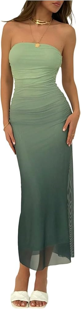GORGLITTER Women's Mesh Strapless Ruched Bodycon Maxi Dress Wedding Guest Prom Cocktail Summer Y2... | Amazon (US)