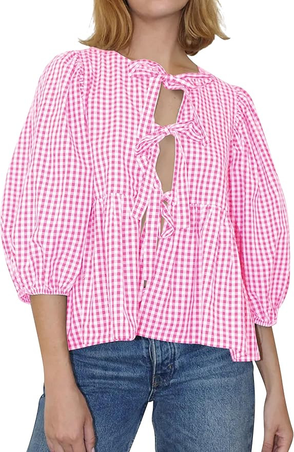 Women Tie Front Tops Puff Sleeve Babydoll Shirts Y2K Cute Ruffle Peplum Going Out Top Blouse Tren... | Amazon (US)
