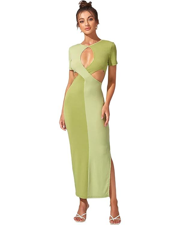 WDIRARA Women's Sexy Cut Out Keyhole Front Dress Split Side Hem Colorblock Short Sleeve Bodycon C... | Amazon (US)
